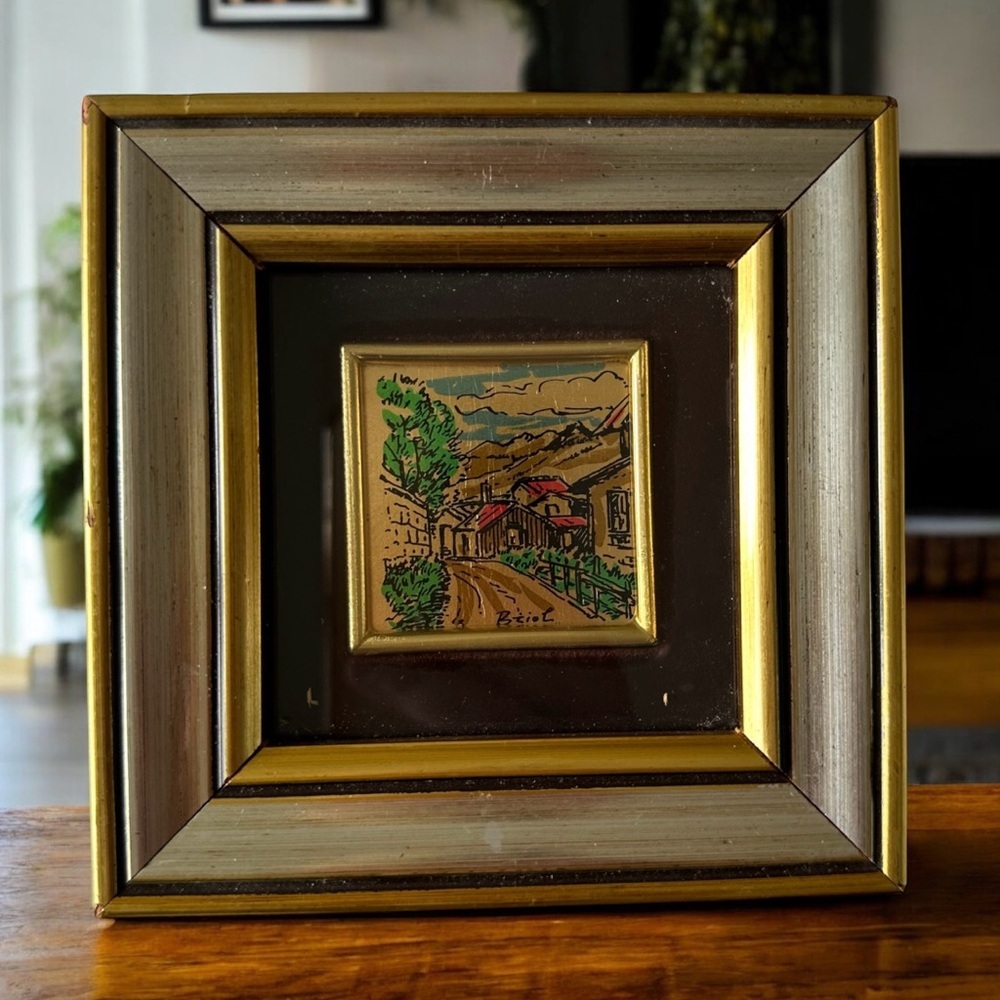 Vintage 80's Gold Leaf Framed Miniature Landscape Painting Made in Italy 5”x5”